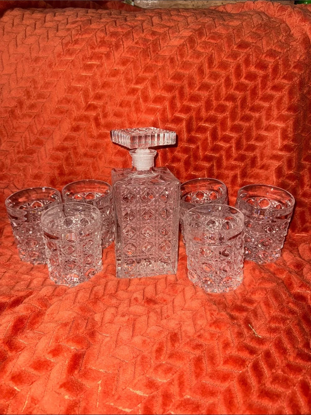 Rare Vintage Heavy Cut Crystal Decanter & 6 Tumblers Bar Set Luxury